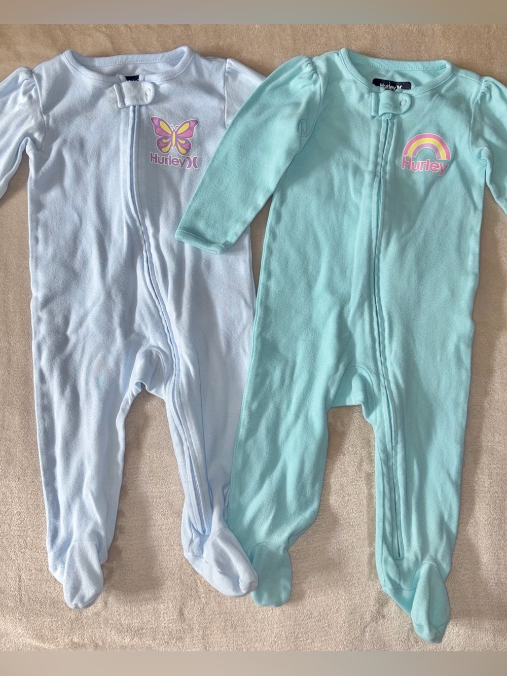 Hurley Baby Girl 9M Pajama Bundle - Full Zip One Piece Footie Pajamas, Lot Of 2